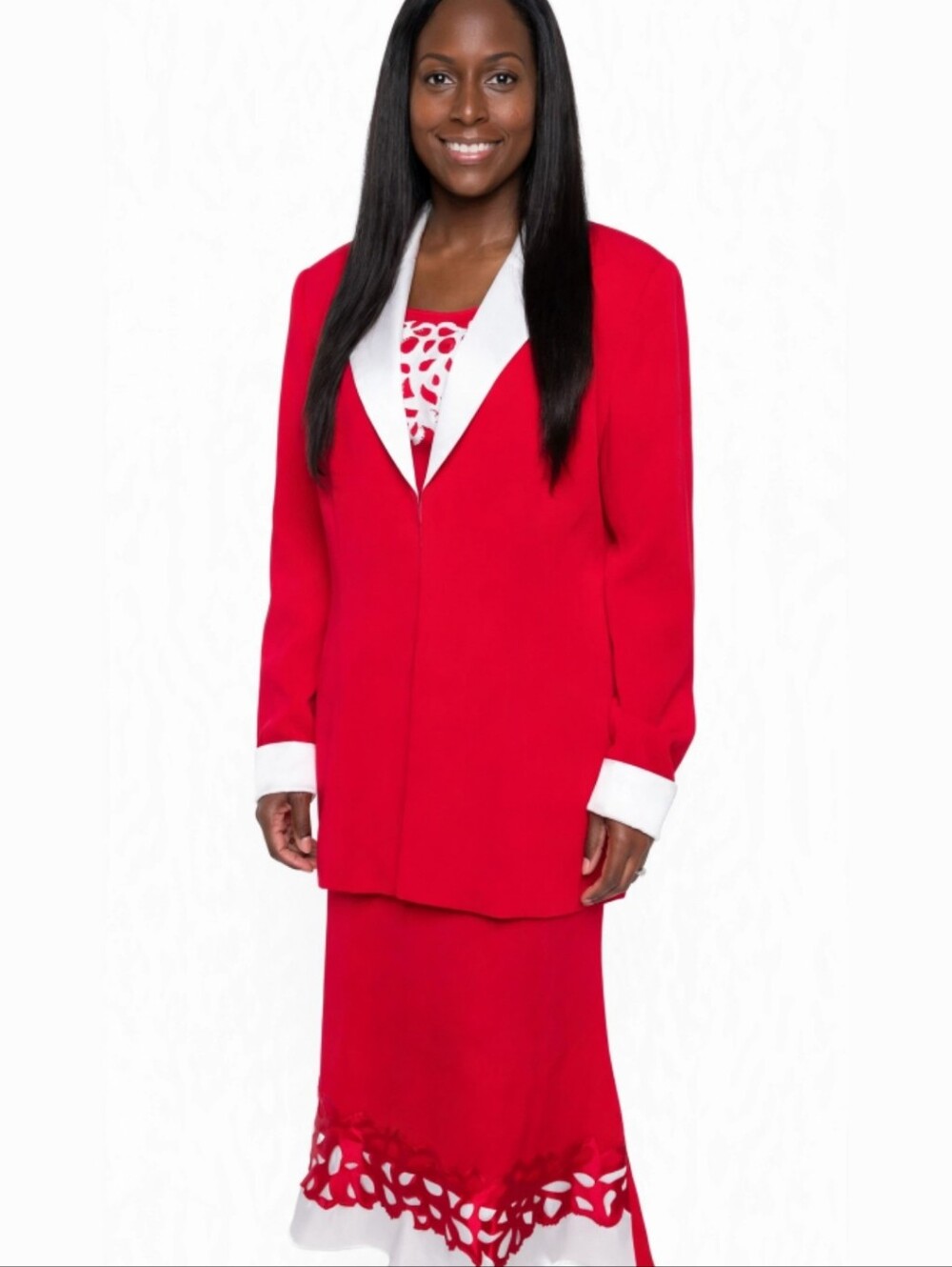 Ashro Elegant Red and White Satin Women's Three Piece Shirt Suit Size 18